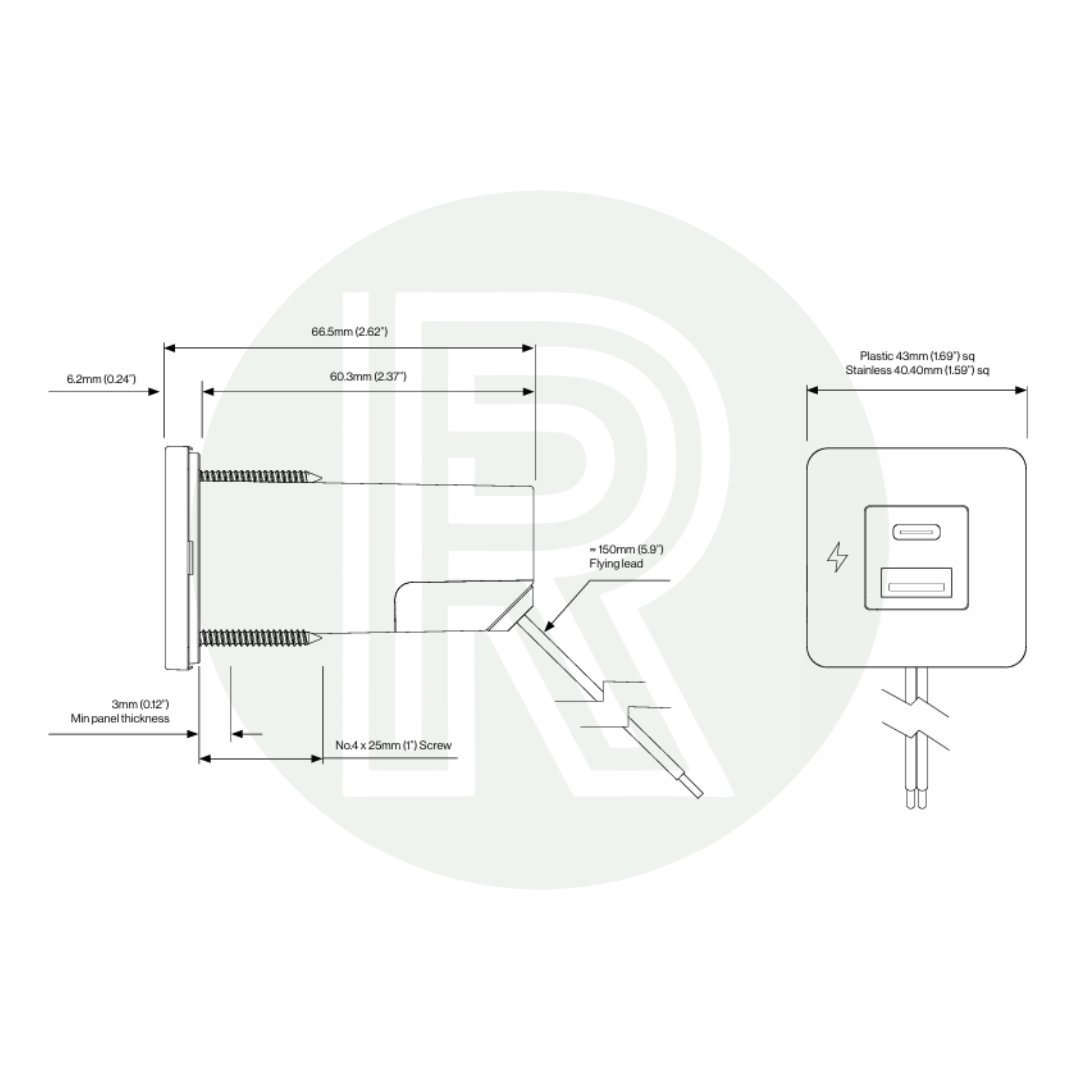 Technical diagram of USB-A and USB-C interior socket with dimensions, wiring, and installation details.
