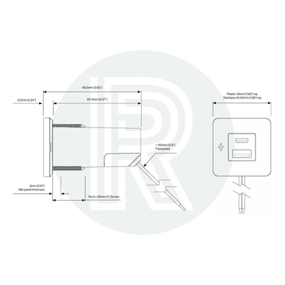 Technical diagram of USB-A and USB-C interior socket with dimensions, wiring, and installation details.