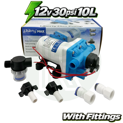 12V Water Pump 30PSI 10L Caravan Campervan Motorhome Filter + Fittings Kit