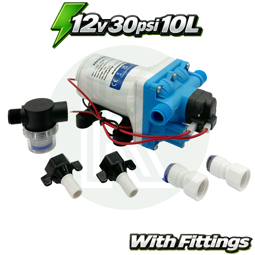 12V Water Pump 30PSI 10L Caravan Campervan Motorhome Filter + Fittings Kit