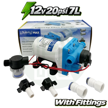 12V Water Pump 20PSI 7L Caravan Campervan Motorhome Filter + Fittings Kit