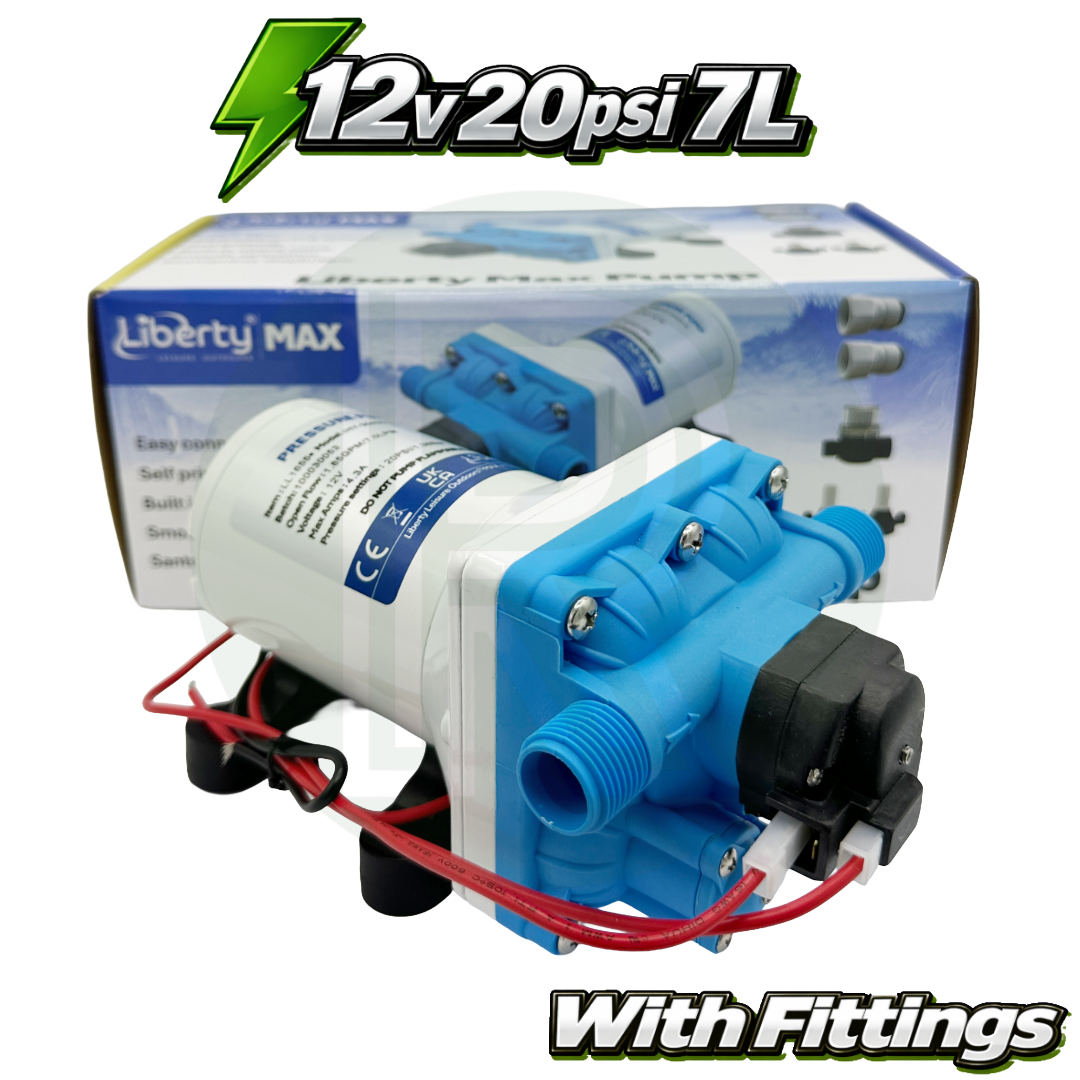 12V Water Pump 20PSI 7L Caravan Campervan Motorhome Filter + Fittings Kit