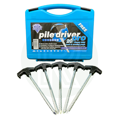 Blue Diamond Pile Driver Pro 20 heavy-duty tent and awning pegs with spiral steel shafts and black heads in blue storage case.