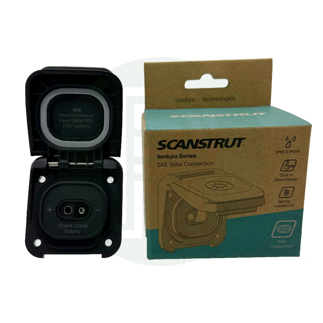 SAE solar connection port open next to retail packaging labeled “Scanstrut Ventura Series SAE Solar Connection.”