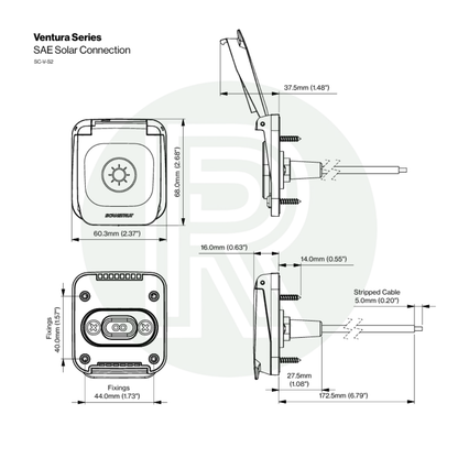 Technical drawing of the SAE solar connector with dimensions, front and side views, and cable length details.