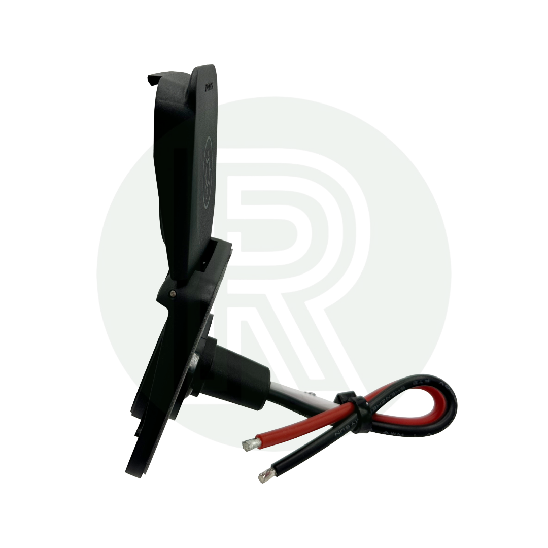 Side profile of the SAE solar connector with hinged lid and protruding cable housing.