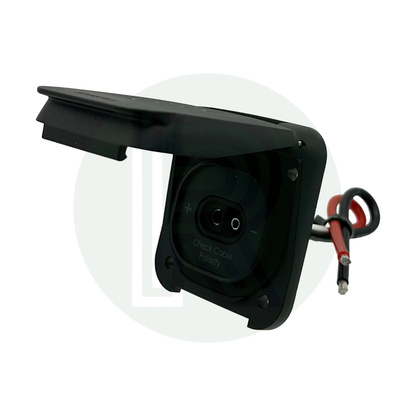 Black waterproof SAE solar connection socket with hinged protective cover, showing front panel with positive and negative terminals and attached red/black wires.