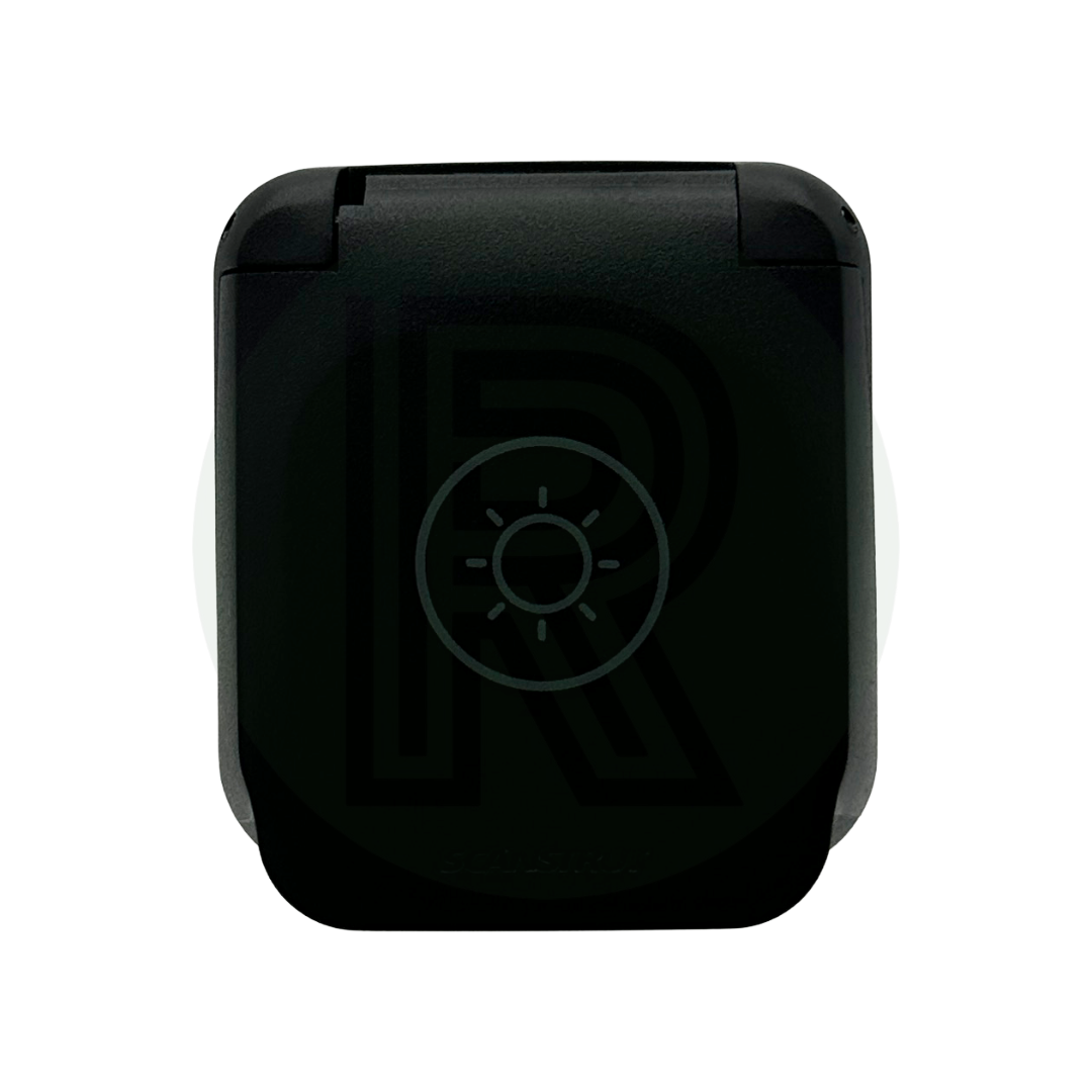 Front view of closed SAE solar socket with a sun icon on the lid, compact square design in matte black.