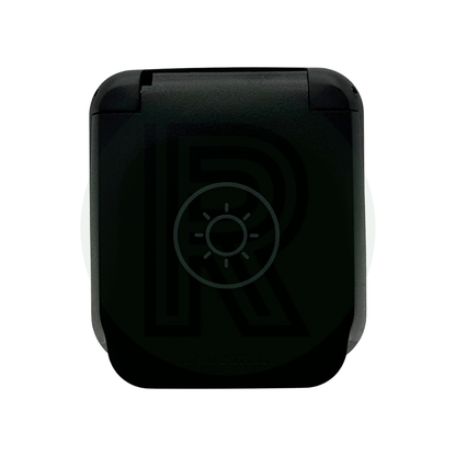 Front view of closed SAE solar socket with a sun icon on the lid, compact square design in matte black.