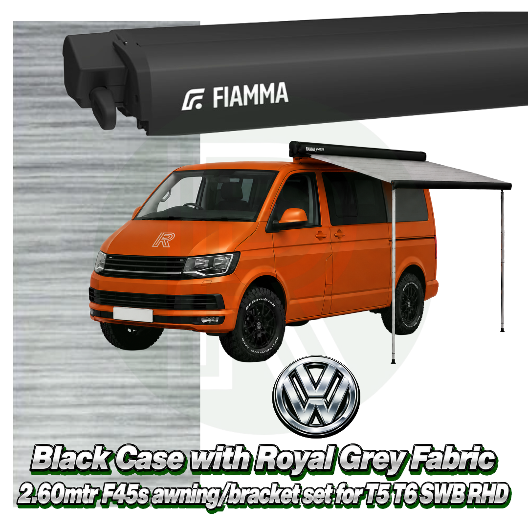 Fiamma F45s 2.60m Black Awning Pack + Adapter for VW T5 T6 SWB RHD