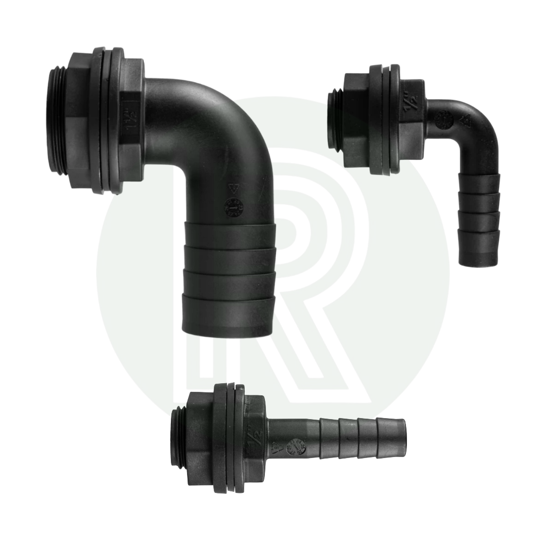 Topfill Water Tank Fittings with 1/2 Inch and 1 1/2 Inch Elbow Connectors plus Straight Hose Tail Adapter
