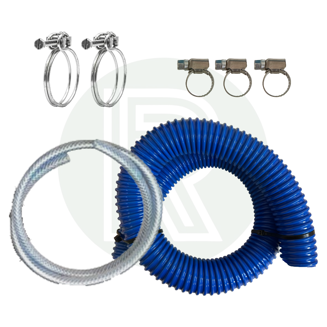 Topfill Kit Accessories with Blue Convoluted Fill Hose, Clear Breather Hose and Stainless Hose Clips