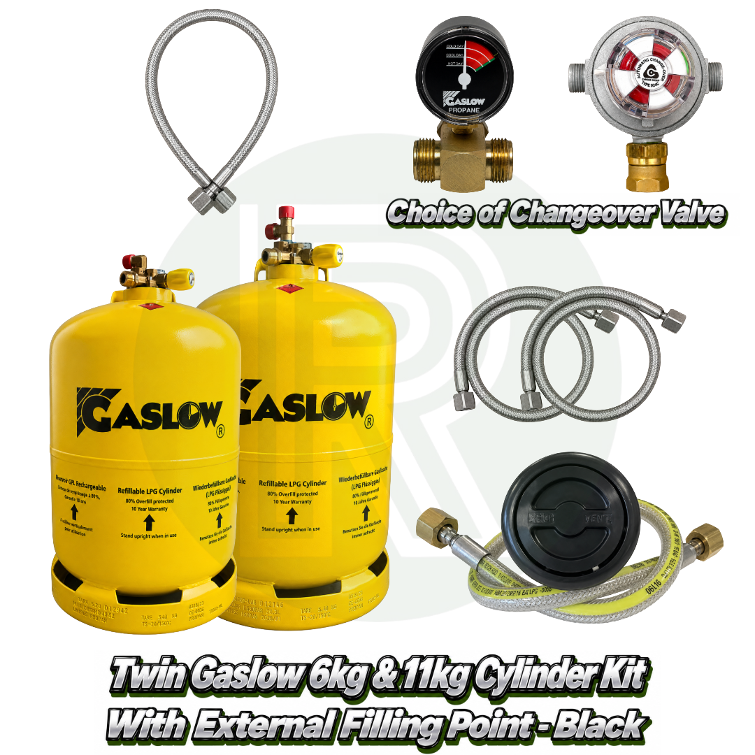 Twin Gaslow 6kg & 11kg Refillable Cylinder Kit with External Filler - Black