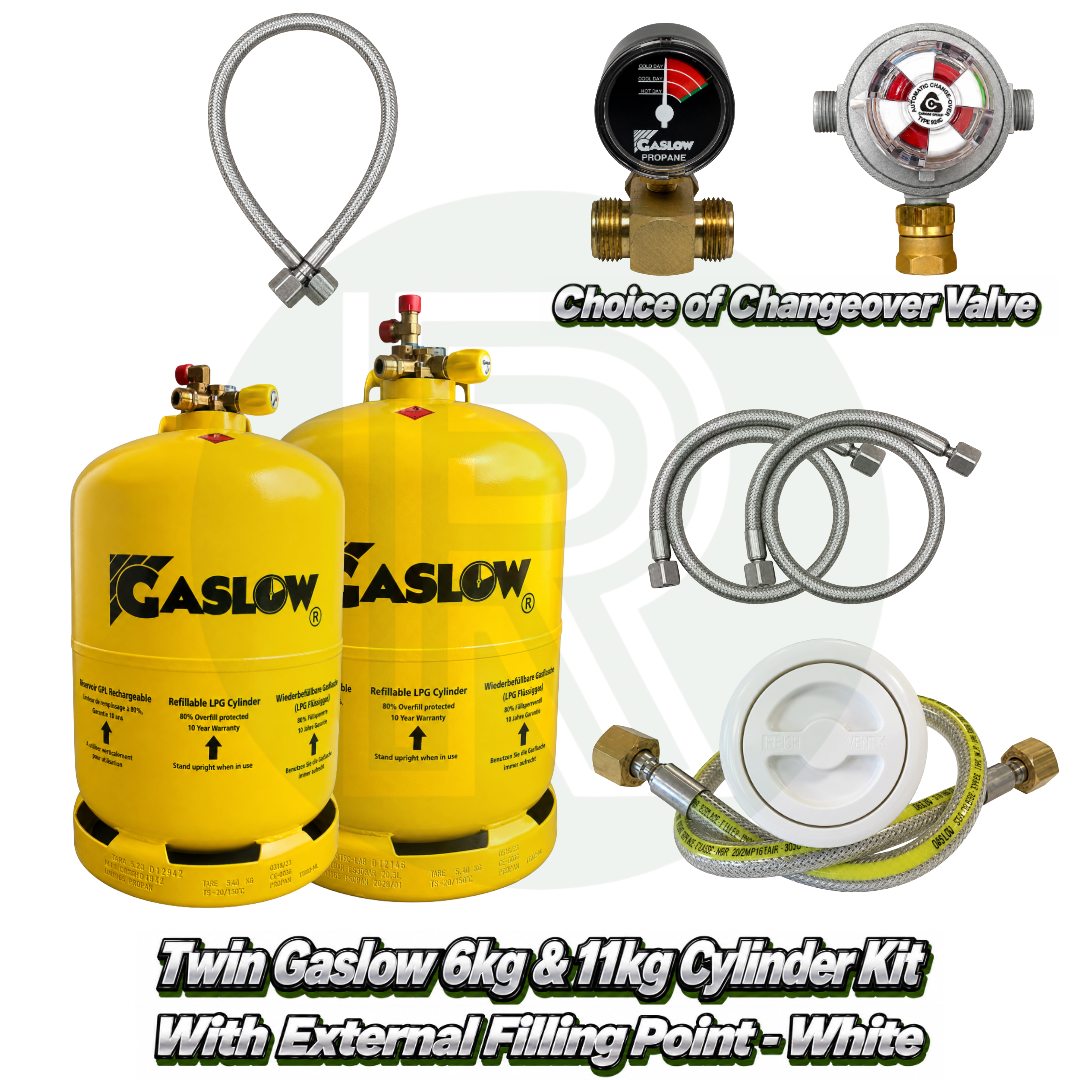 Twin Gaslow 6kg & 11kg Refillable Cylinder Kit with External Filler - White