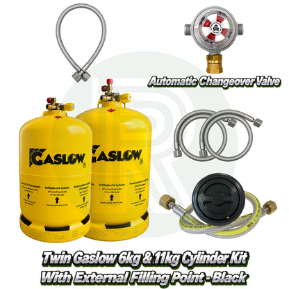 Twin Gaslow 6kg & 11kg Refillable Cylinder Kit with External Filler - Black