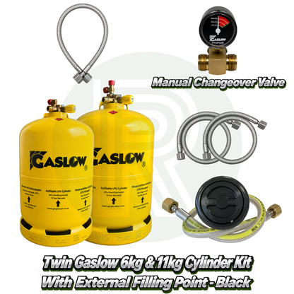 Twin Gaslow 6kg & 11kg Refillable Cylinder Kit with External Filler - Black