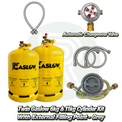 Twin Gaslow 6kg & 11kg Refillable Cylinder Kit with External Filler - Grey