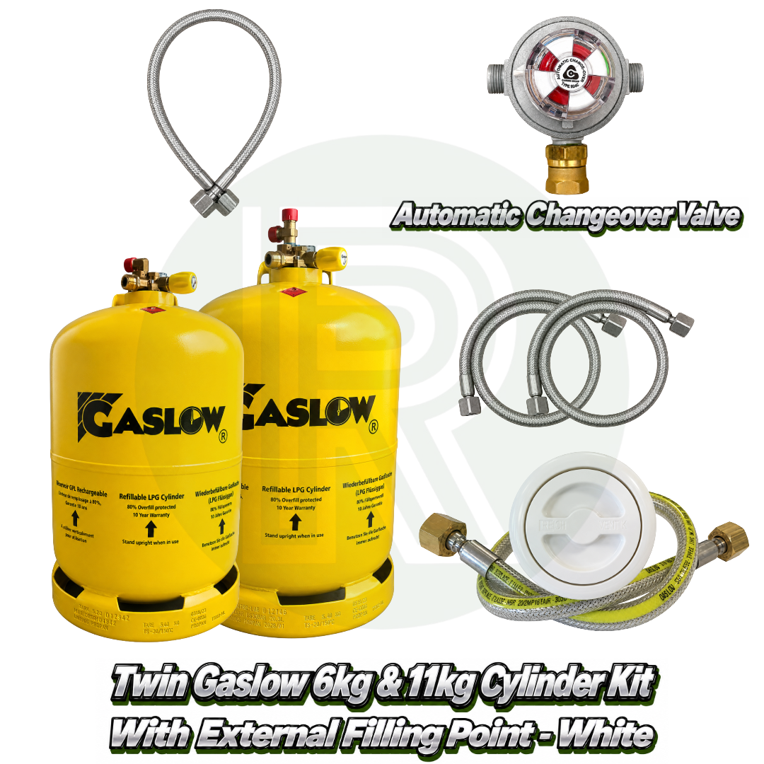 Twin Gaslow 6kg & 11kg Refillable Cylinder Kit with External Filler - White