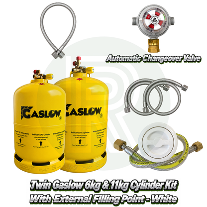 Twin Gaslow 6kg & 11kg Refillable Cylinder Kit with External Filler - White