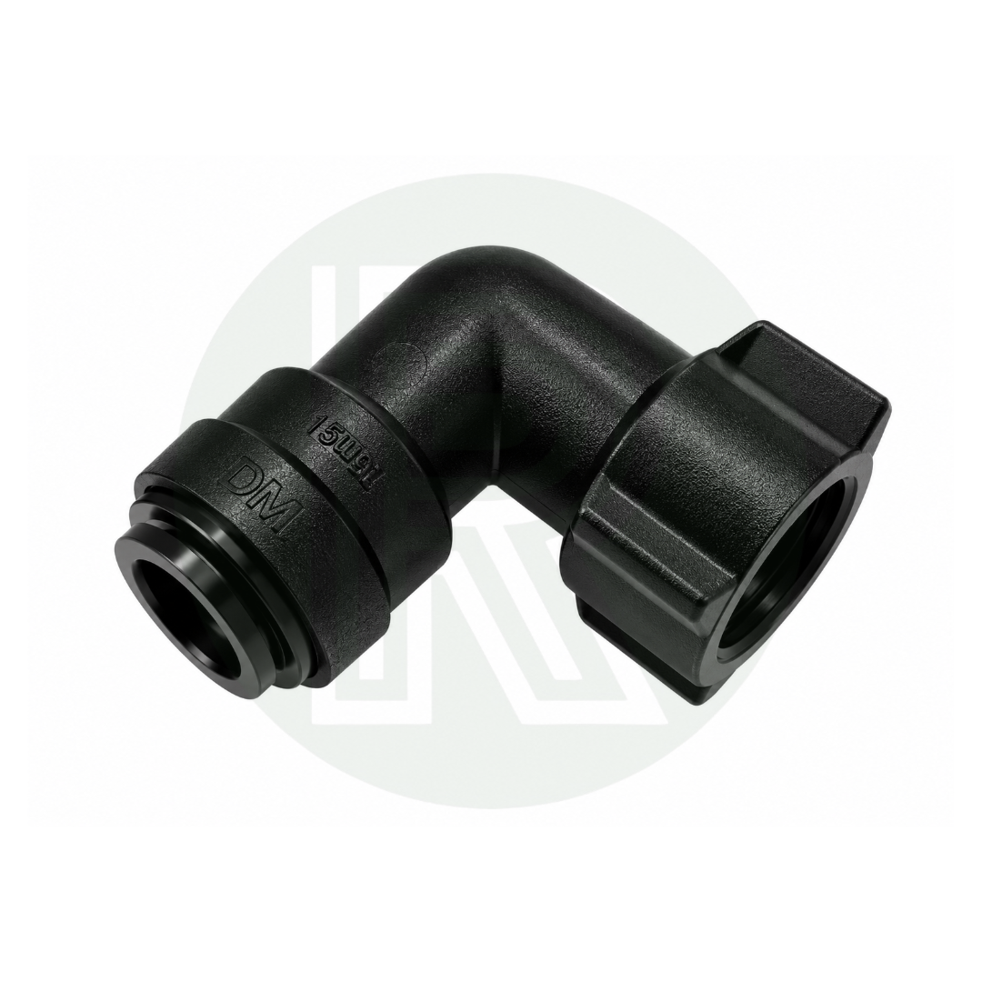 DMfit 15mm Push-fit Female Swivel Elbow to 1/2" BSPP Female Thread