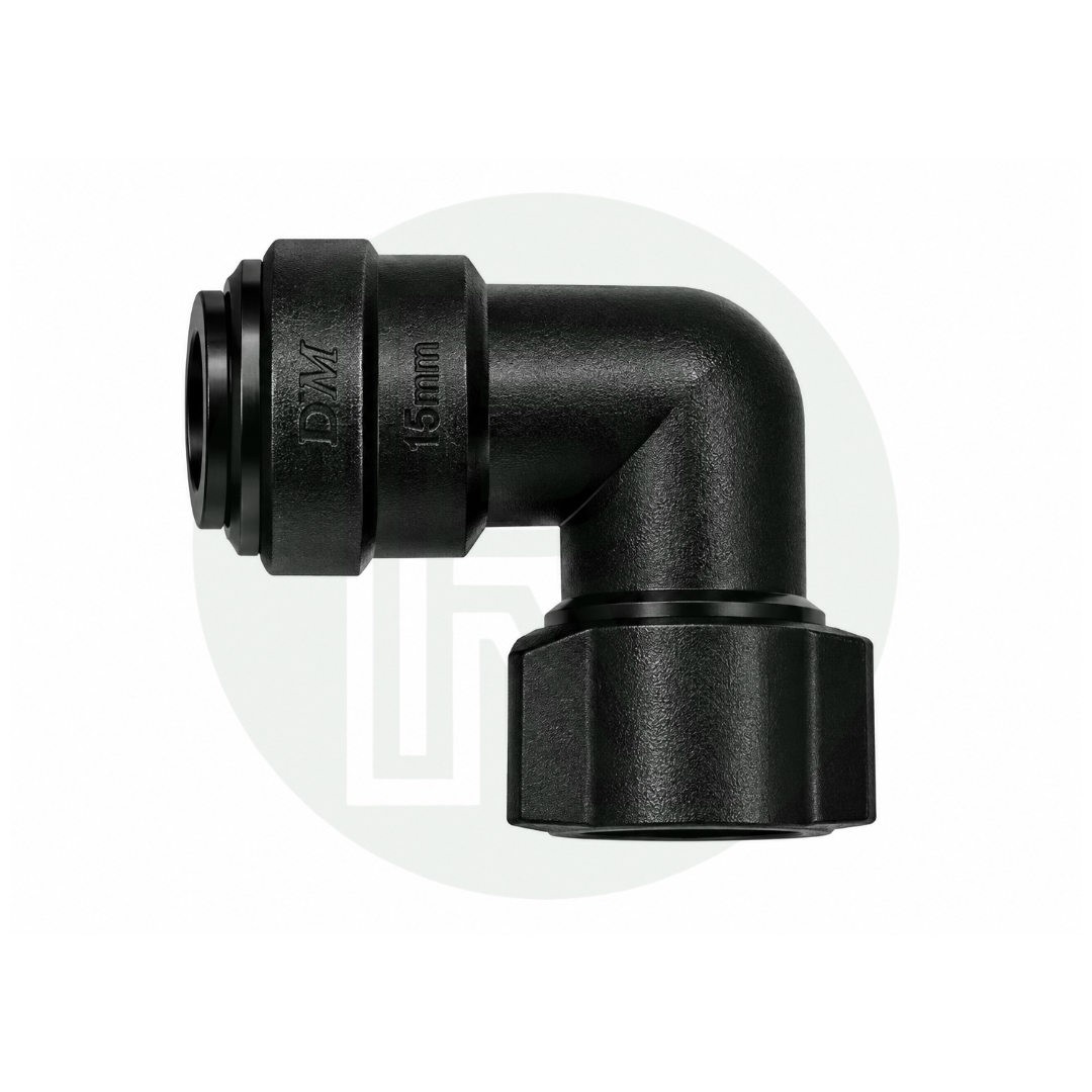 DMfit 15mm Push-fit Female Swivel Elbow to 1/2" BSPP Female Thread