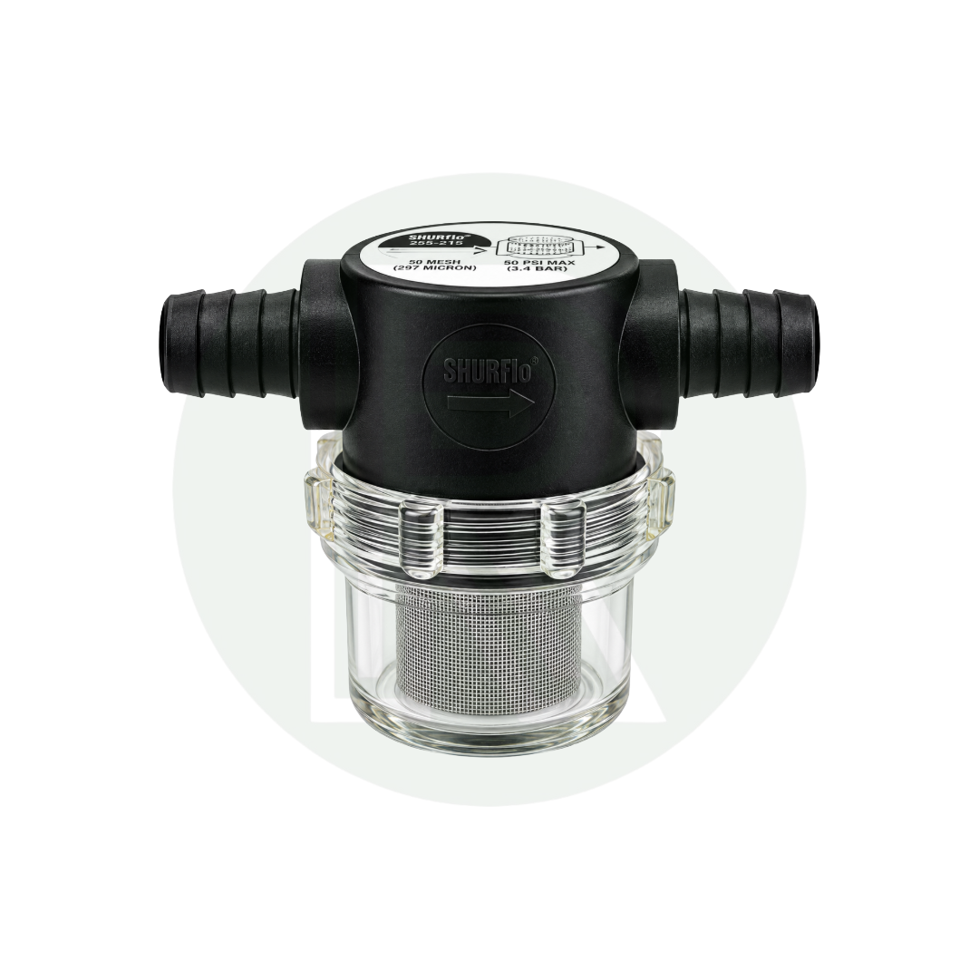Shurflo/Fiamma/Seaflo pump filter/strainer 1/2" Barb Male Inlet-1/2" Barb Male Outlet