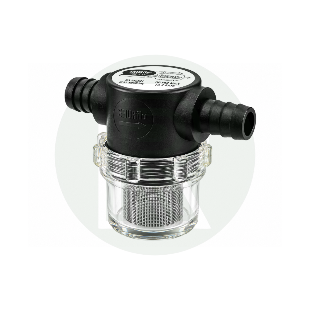 Shurflo/Fiamma/Seaflo pump filter/strainer 1/2" Barb Male Inlet-1/2" Barb Male Outlet