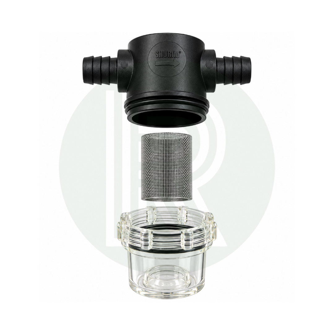 Shurflo/Fiamma/Seaflo pump filter/strainer 1/2" Barb Male Inlet-1/2" Barb Male Outlet