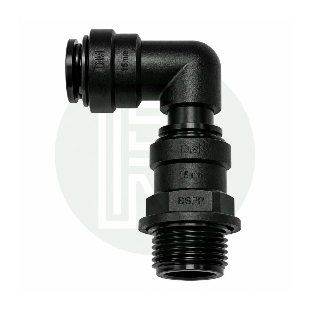DMfit 15mm Push-fit Female Swivel Elbow to 3/4" BSPP Male Thread