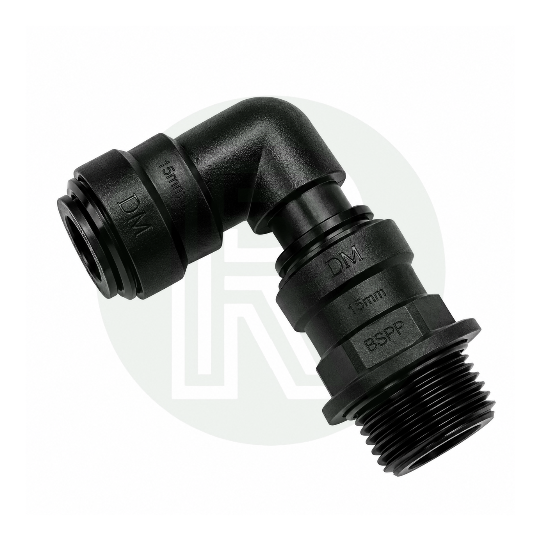DMfit 15mm Push-fit Female Swivel Elbow to 3/4" BSPP Male Thread