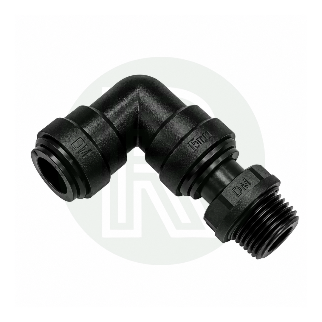 DMfit 15mm Push-fit Female Swivel Elbow to 1/2" BSPP Male Thread