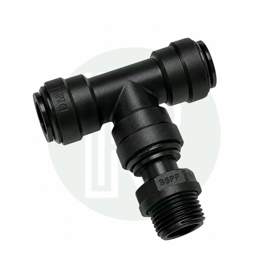 DMfit 15mm Push-fit Female Swivel Tee to 1/2" BSPP Male Thread