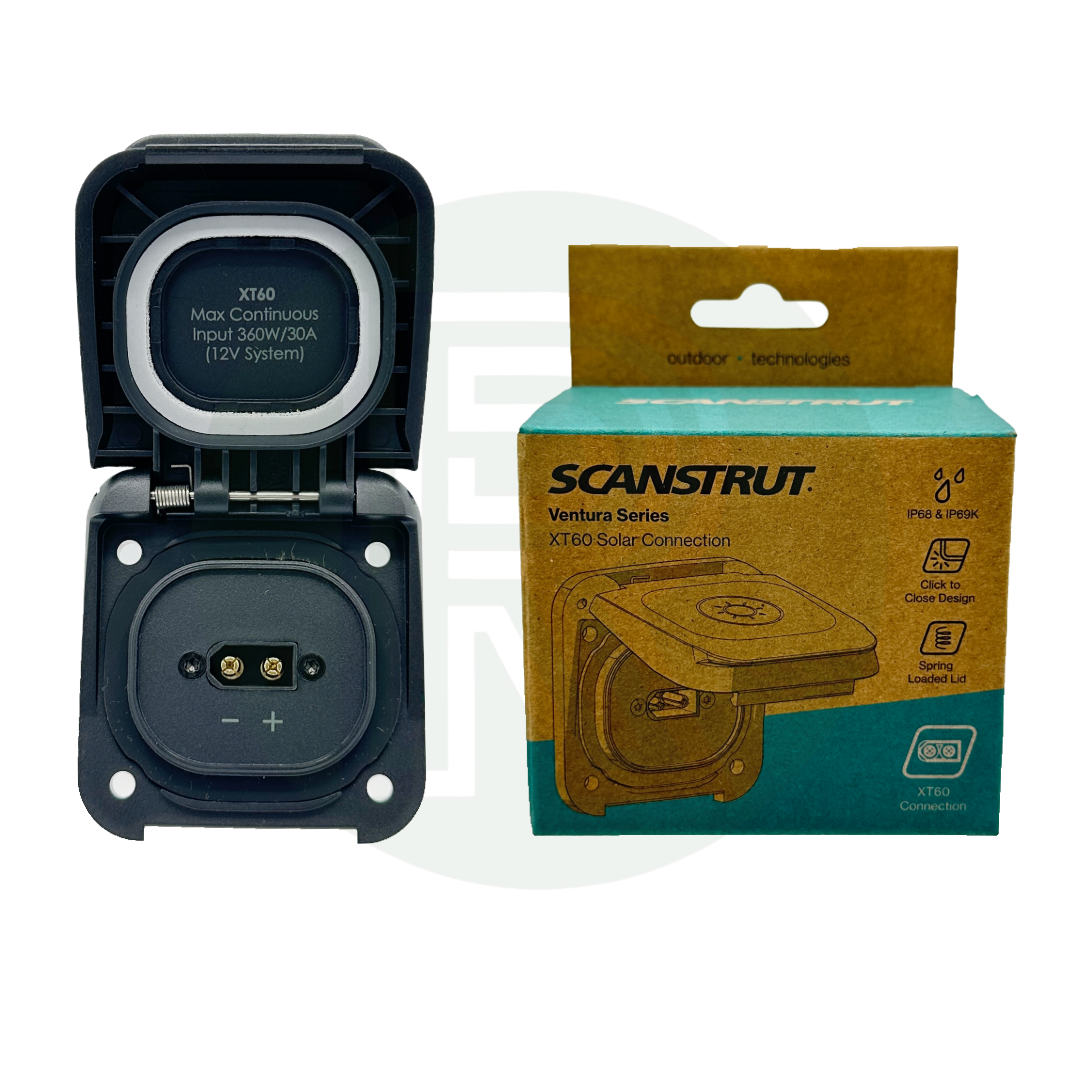 XT60 solar connection with open lid displayed next to Scanstrut Ventura Series retail packaging.