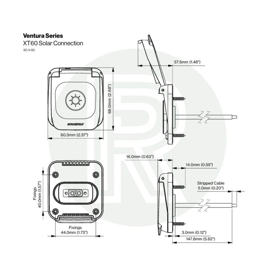 Technical diagram of XT60 solar connection showing dimensions, mounting layout, and wiring specifications.