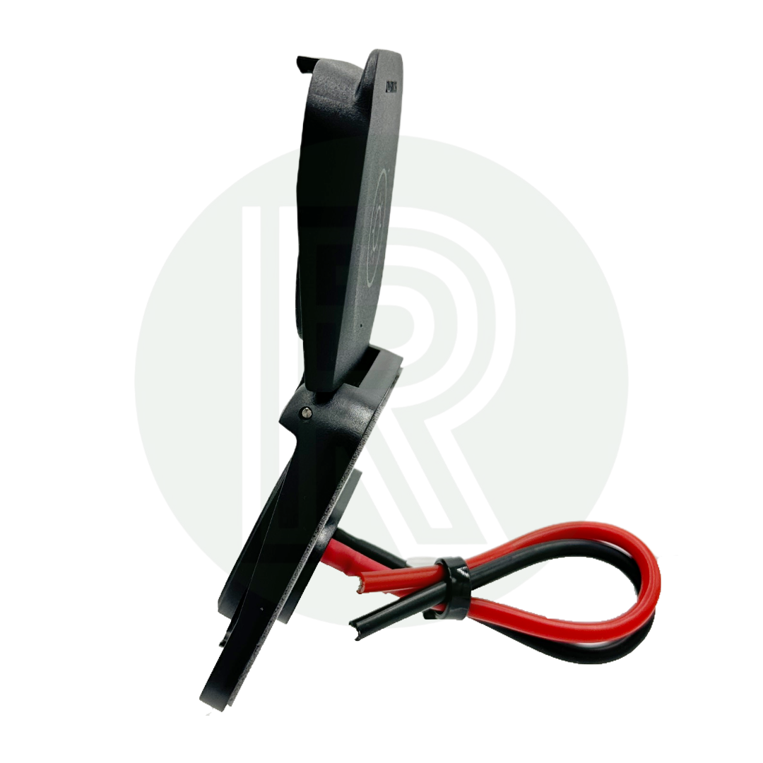 Side view of Scanstrut Ventura XT60 solar connection with hinged waterproof lid and attached red and black wiring.