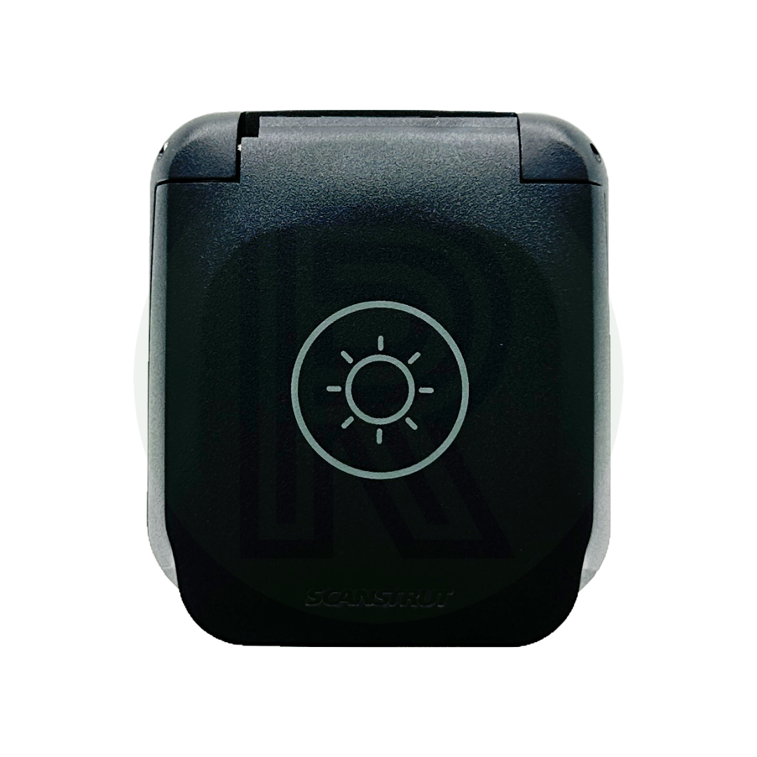 Front view of XT60 solar connection with closed protective lid featuring solar icon on black panel.