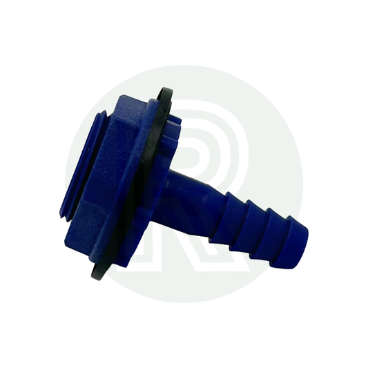 Blue barbed tank connector with sealing washer and locking nut for motorhome caravan campervan water tanks