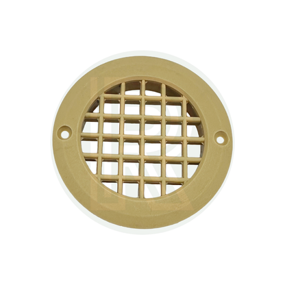 Beige round ventilation grille with fixing holes for campervan caravan and motorhome conversion projects