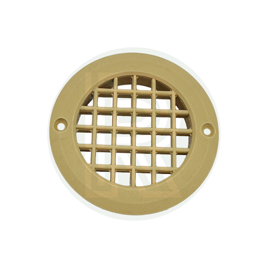 Beige round ventilation grille with fixing holes for campervan caravan and motorhome conversion projects