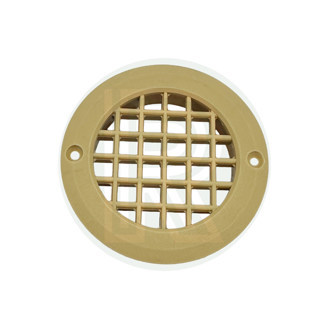 Beige round ventilation grille with fixing holes for campervan caravan and motorhome conversion projects
