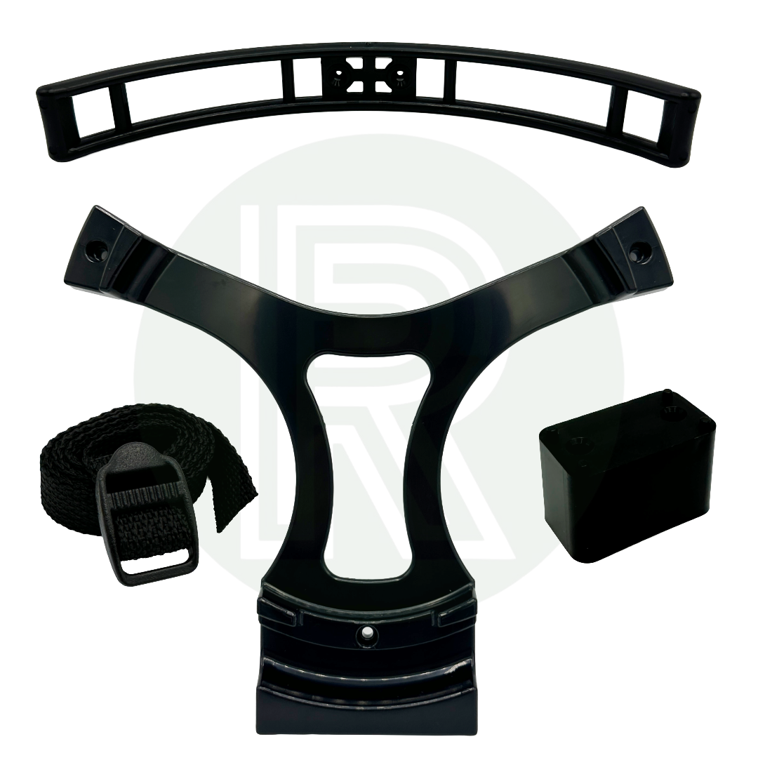 Black gas bottle floor holder wall bracket spacer block and securing strap kit for securing LPG propane and butane cylinders in motorhome caravan campervan and leisure vehicle gas lockers