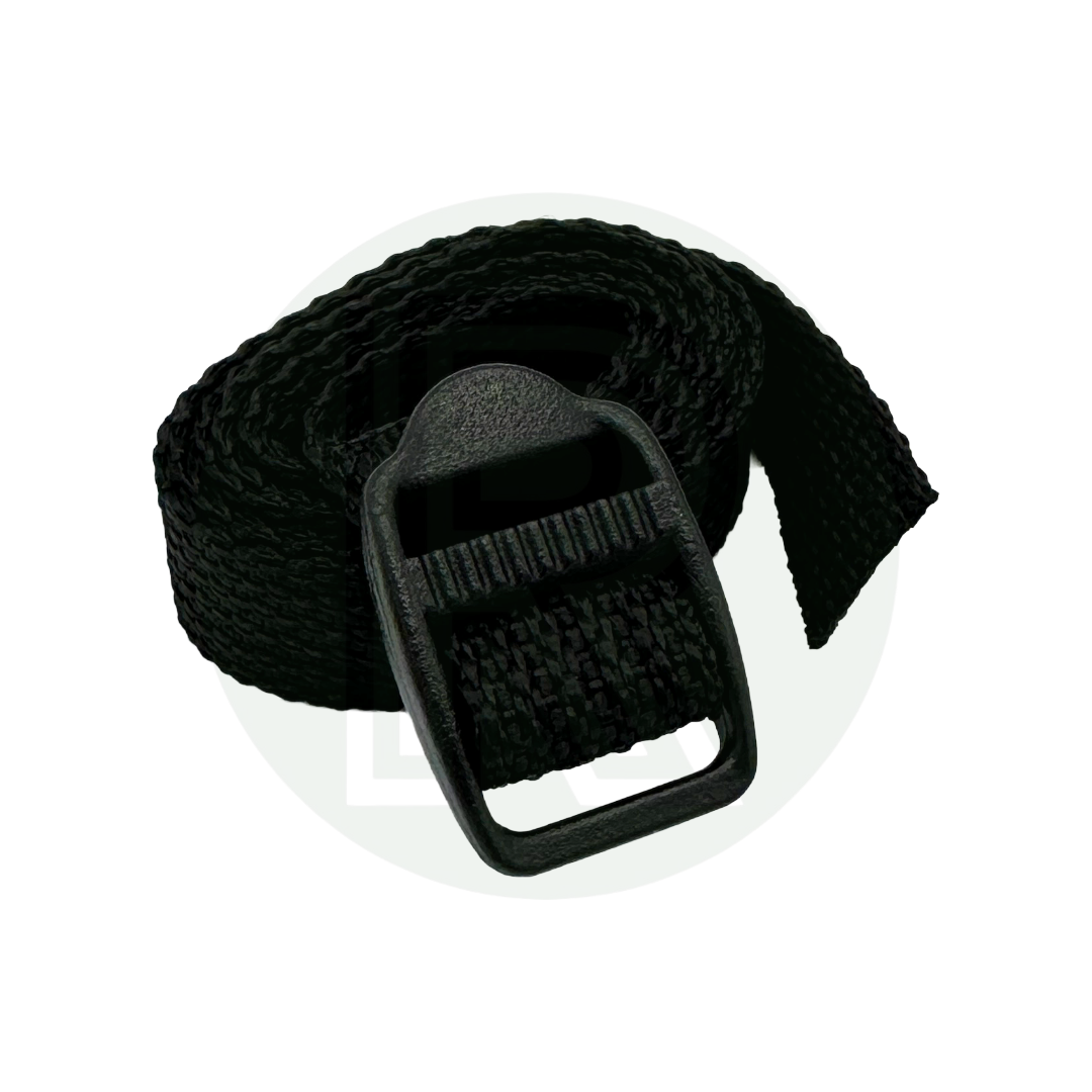Black adjustable gas bottle securing strap for safely restraining LPG cylinders during vehicle travel