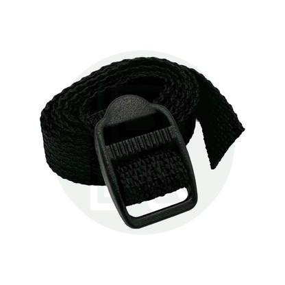 Black adjustable gas bottle securing strap for safely restraining LPG cylinders during vehicle travel