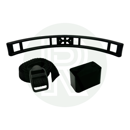 Black gas bottle wall bracket spacer block and securing strap kit for LPG cylinders in motorhome caravan campervan and leisure vehicle gas lockers