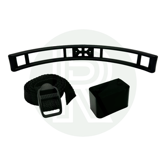 Black gas bottle wall bracket spacer block and securing strap kit for LPG cylinders in motorhome caravan campervan and leisure vehicle gas lockers