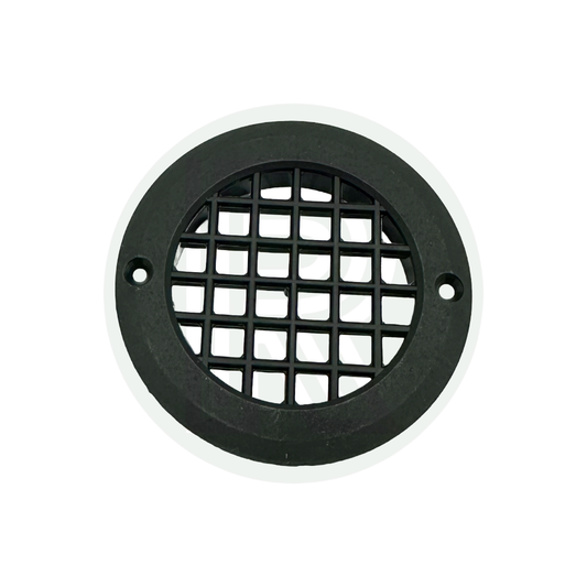 Black round ventilation grille with fixing holes for campervan caravan and motorhome conversion projects
