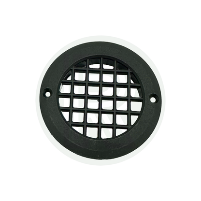 Black round ventilation grille with fixing holes for campervan caravan and motorhome conversions