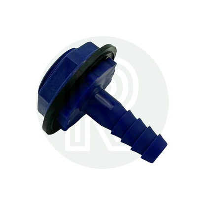 Blue bulkhead tank fitting with hose tail connector for fresh and waste water systems