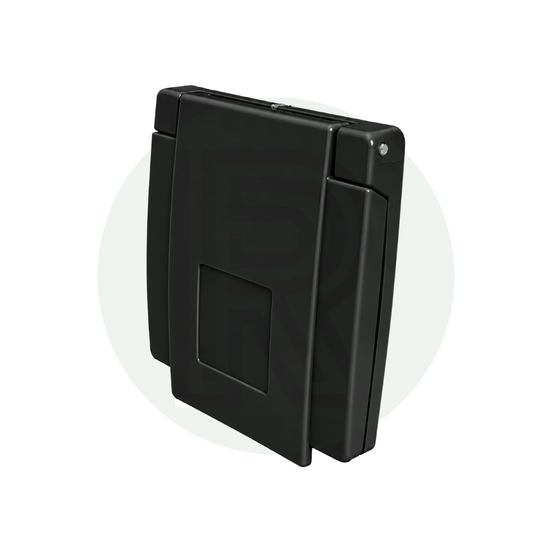 Bullfinch black external gas BBQ outlet point with weatherproof cover closed for caravan, campervan and motorhome LPG installations