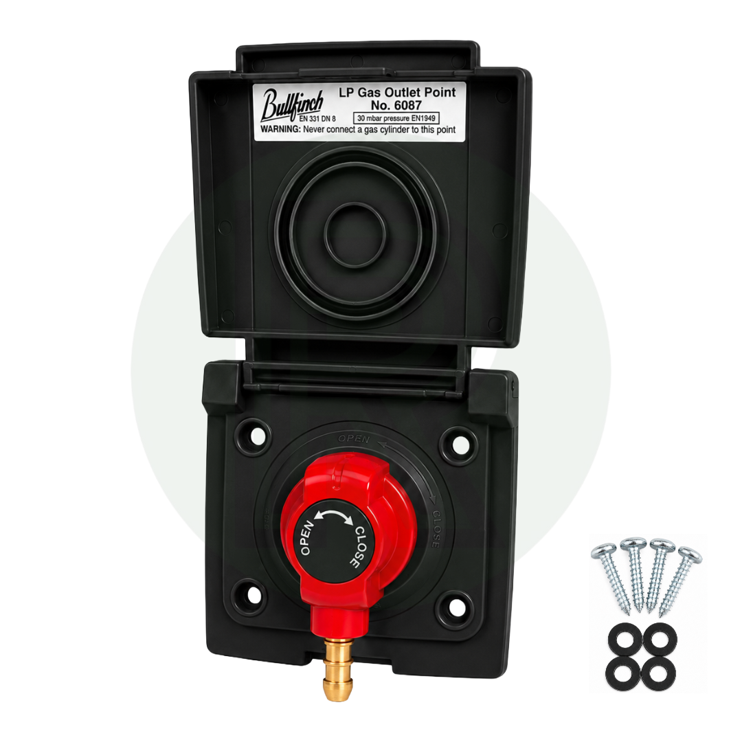 Bullfinch black external gas BBQ outlet point complete with quick release connector, fixing screws and washers for motorhome, campervan and caravan LPG systems